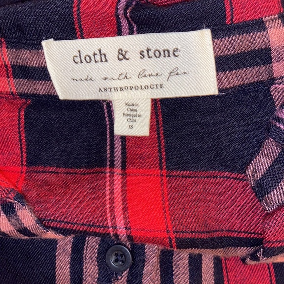 Anthro Cloth & Stone Red Paid Button Down Shirt Frayed Hem - Picture 8 of 11